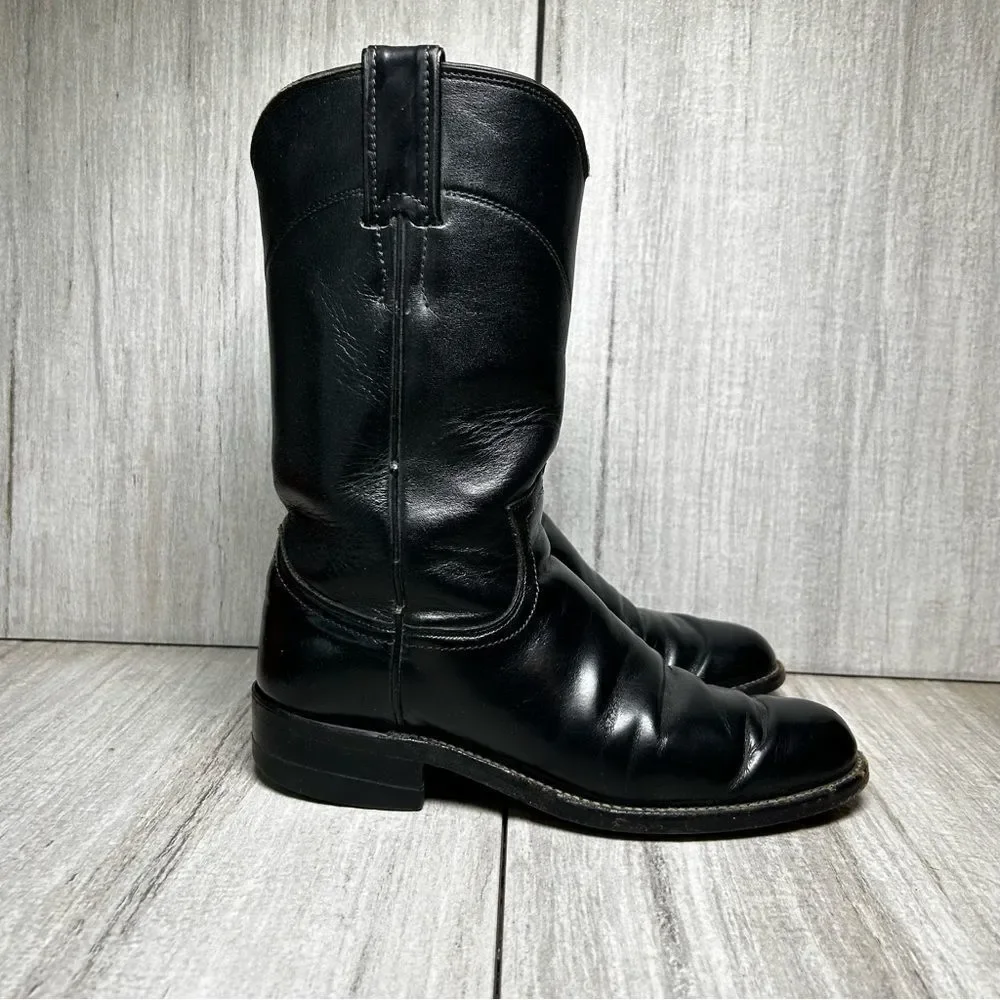 Justin Black Leather Round Toe Cowboy Boots Western Rodeo Youth Girls Size 4
